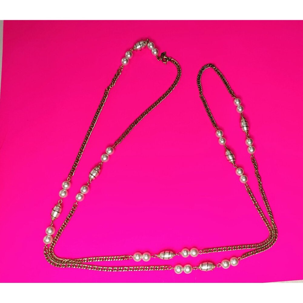 Sarah Coventry Vintage Gold Tone Chain Faux Pearl Pendant Long Necklace Jewelry - Picture 11 of 16